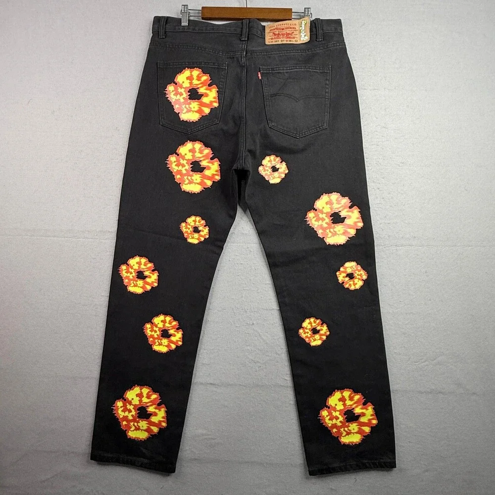Denim Tears Levis 501 Jeans Mens 36x32 Black Orange Yellow Flame Wreath Print